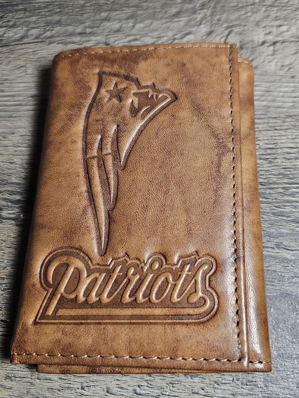 New England Patriots Embossed Leather Trifold Wallet Tan New